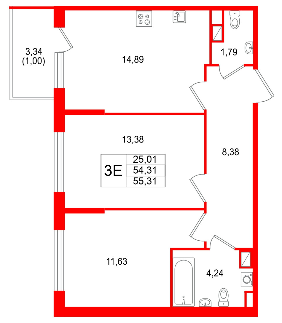 Квартира в ЖК Охтинские высоты, 2 комнатная, 55.31 м², 2 этаж