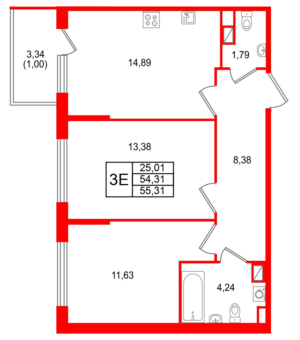 Квартира в ЖК Охтинские высоты, 2 комнатная, 55.31 м², 3 этаж