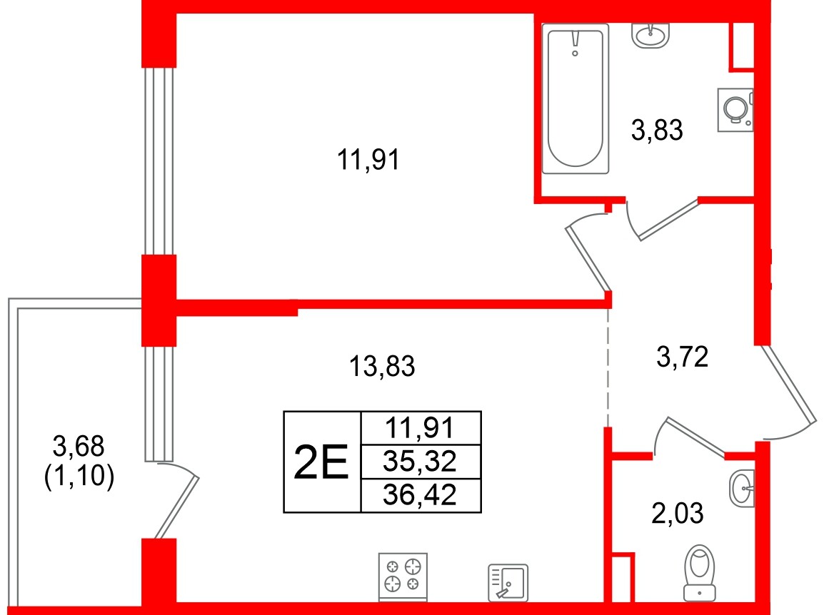 Квартира в ЖК «Охтинские высоты», 1 комнатная, 35.87 м², 2 этаж