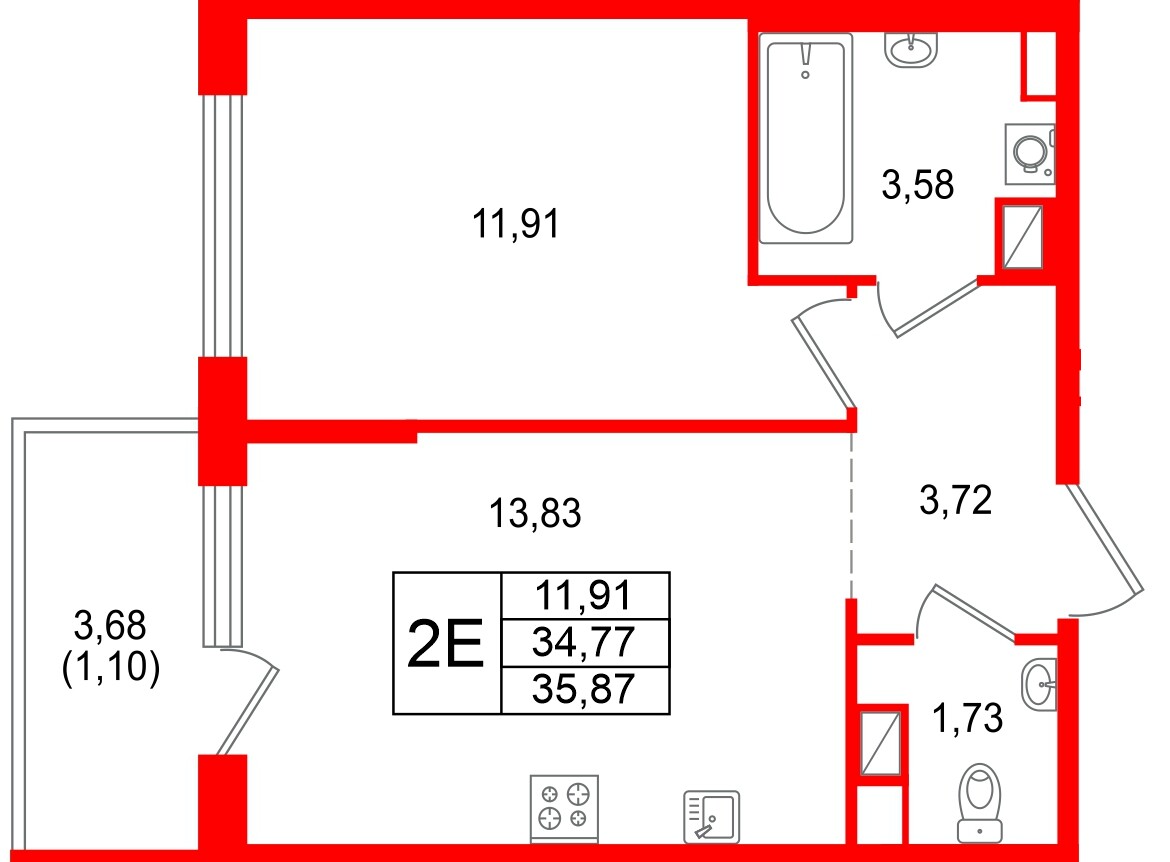 Квартира в ЖК «Охтинские высоты», 1 комнатная, 35.87 м², 3 этаж