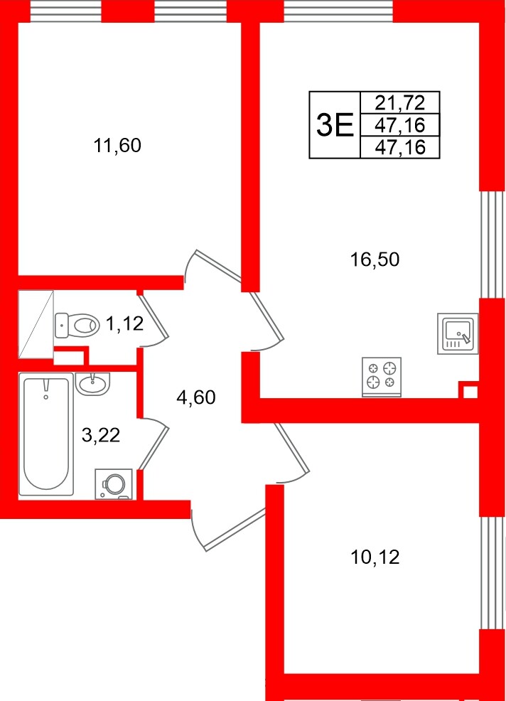 Квартира в ЖК 'Морская миля', 2 комнатная, 47.16 м², 22 этаж