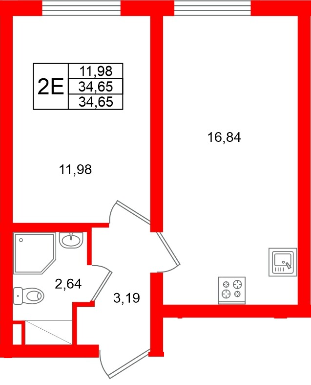 Квартира в ЖК «Морская миля», 1 комнатная, 34.65 м², 9 этаж
