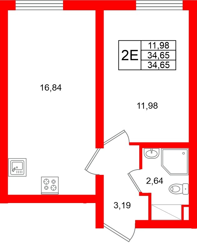 Квартира в ЖК «Морская миля», 1 комнатная, 34.65 м², 13 этаж