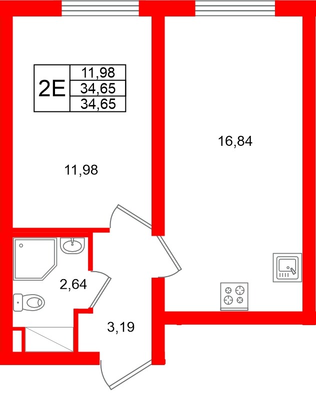 Квартира в ЖК «Морская миля», 1 комнатная, 34.65 м², 8 этаж