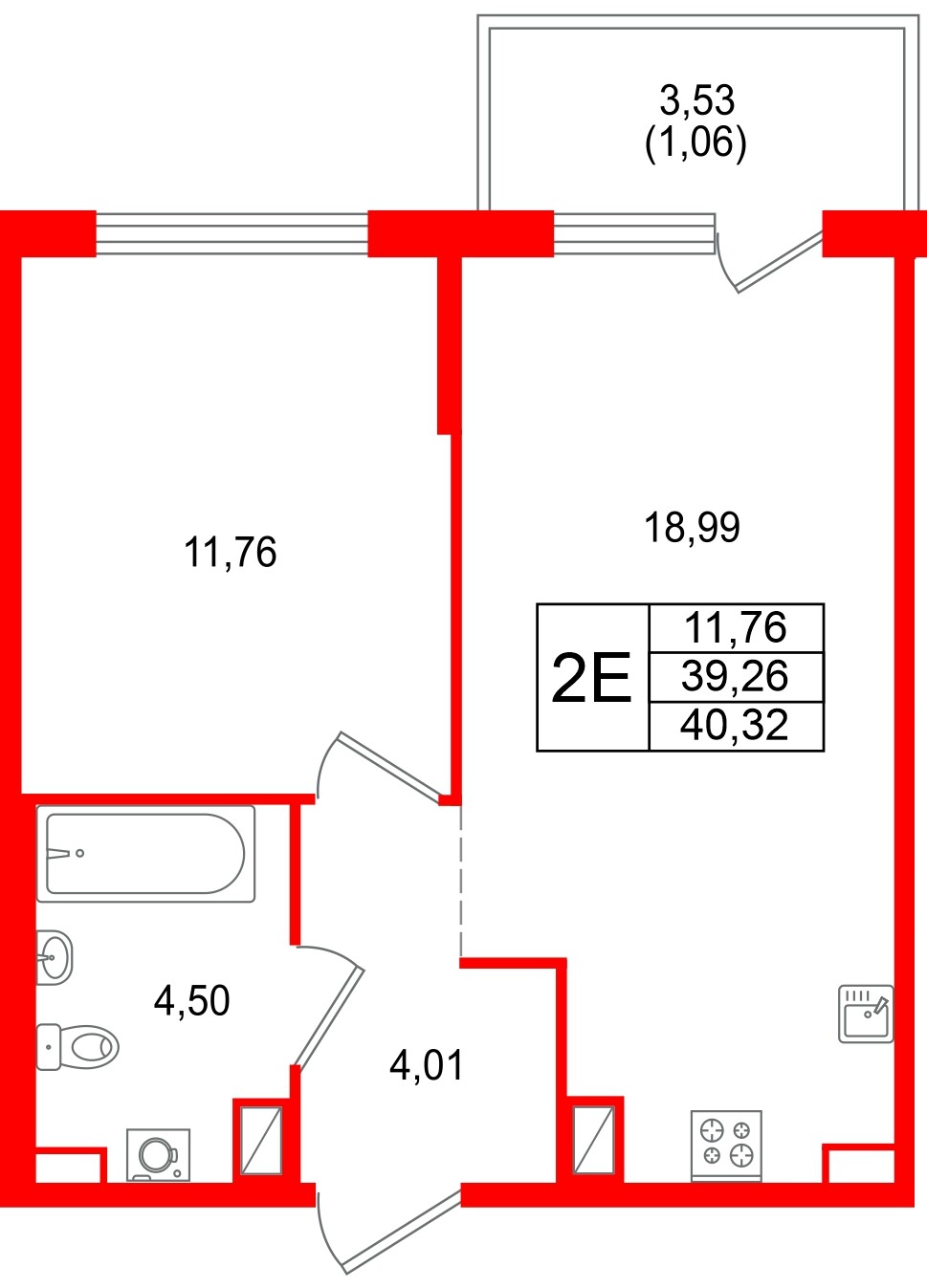 Квартира в ЖК Охтинские высоты, 1 комнатная, 40.32 м², 4 этаж