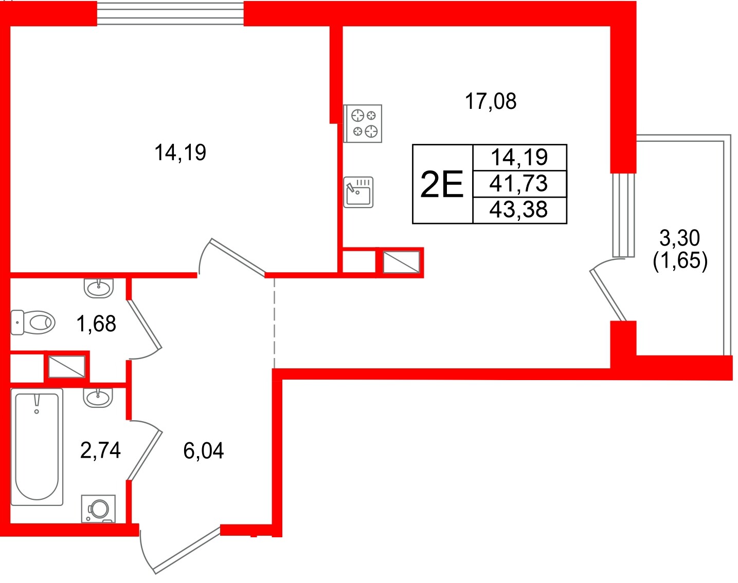 Квартира в ЖК Охтинские высоты, 1 комнатная, 43.38 м², 4 этаж