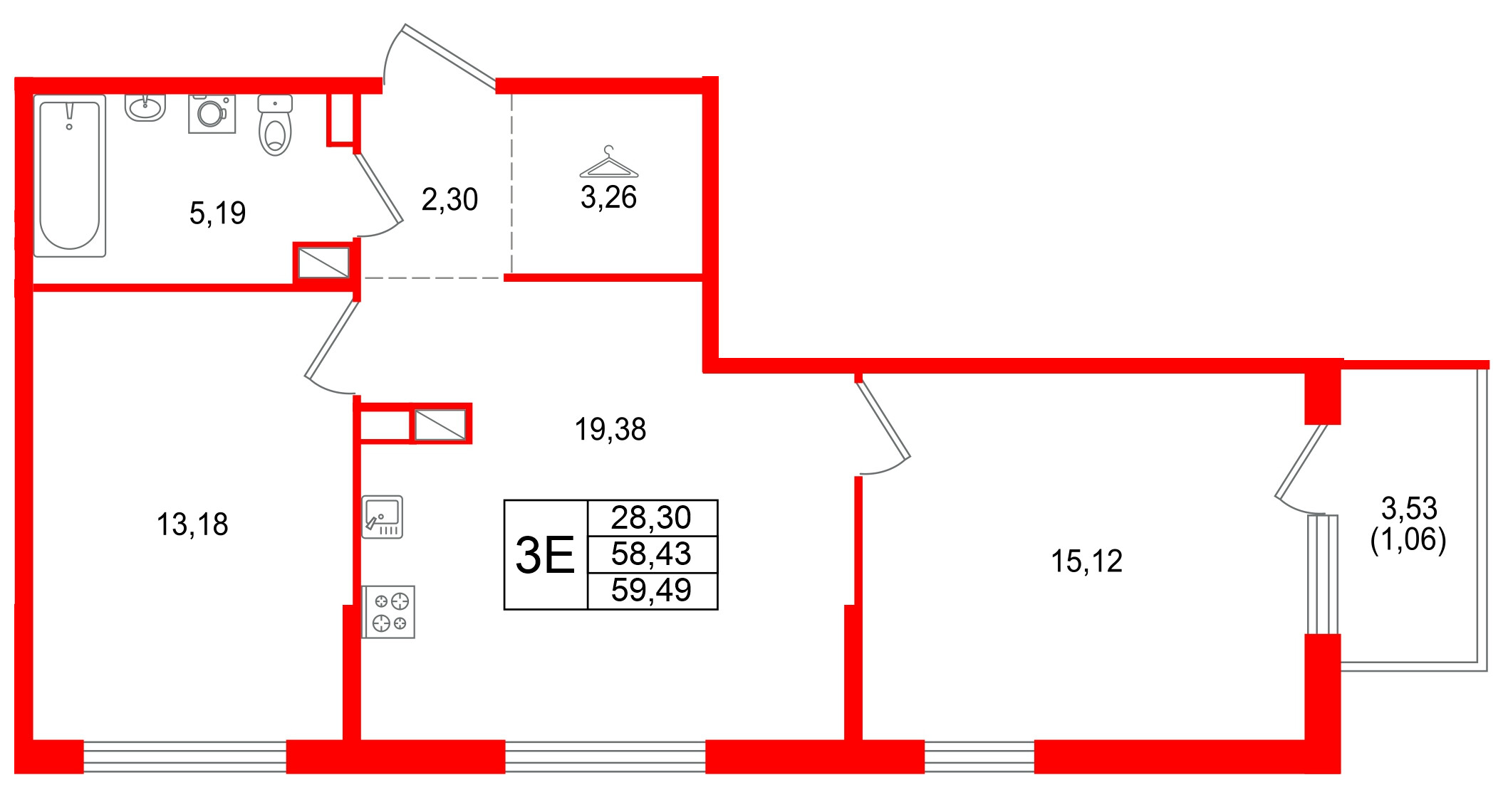 Квартира в ЖК Охтинские высоты, 2 комнатная, 59.49 м², 2 этаж