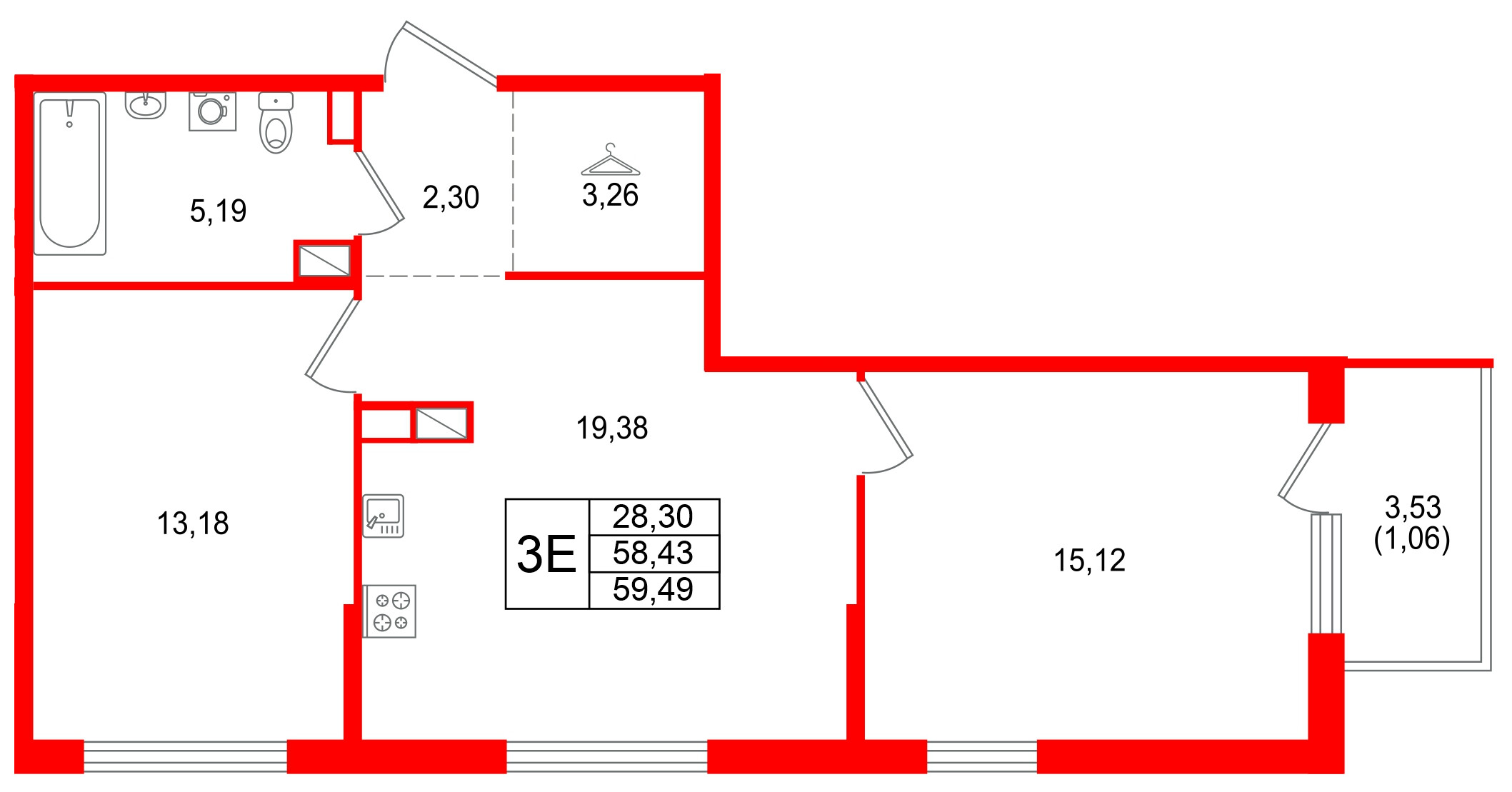 Квартира в ЖК Охтинские высоты, 2 комнатная, 59.49 м², 4 этаж
