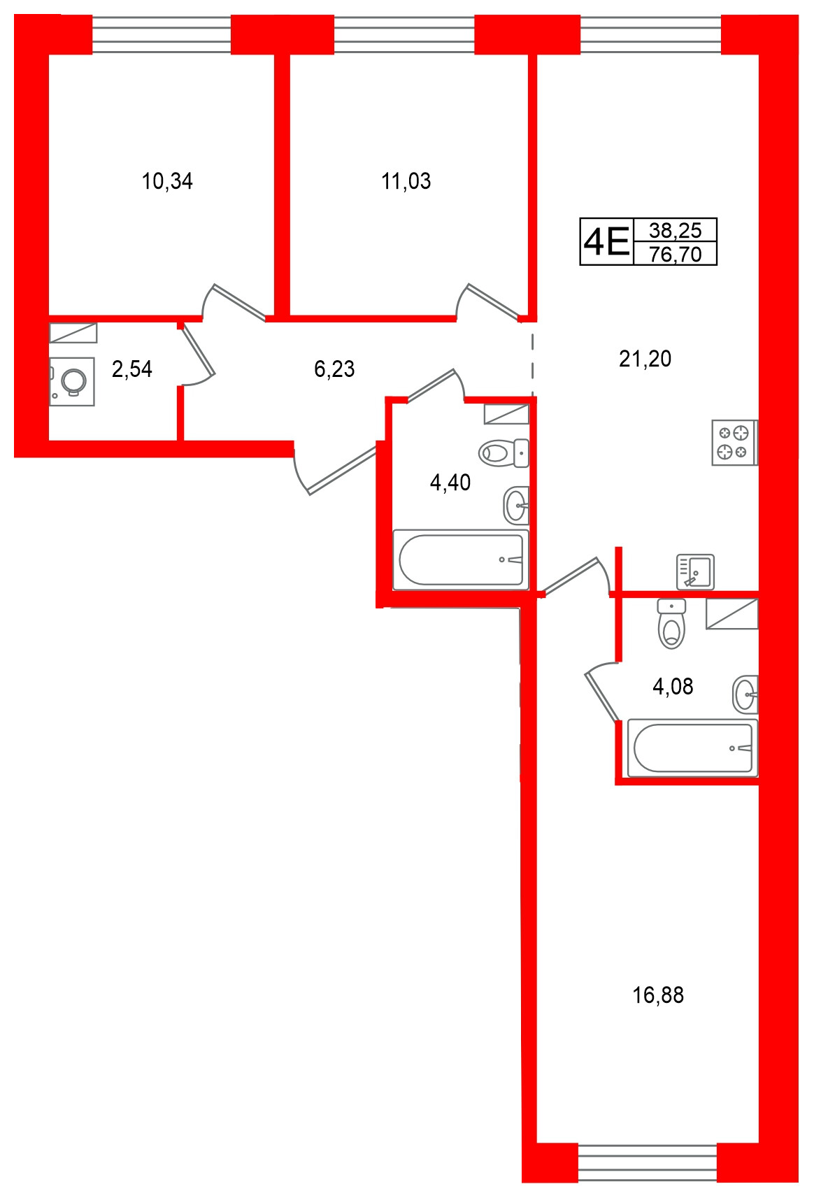 Квартира в ЖК Остров Первых, 3 комнатная, 76.7 м², 5 этаж