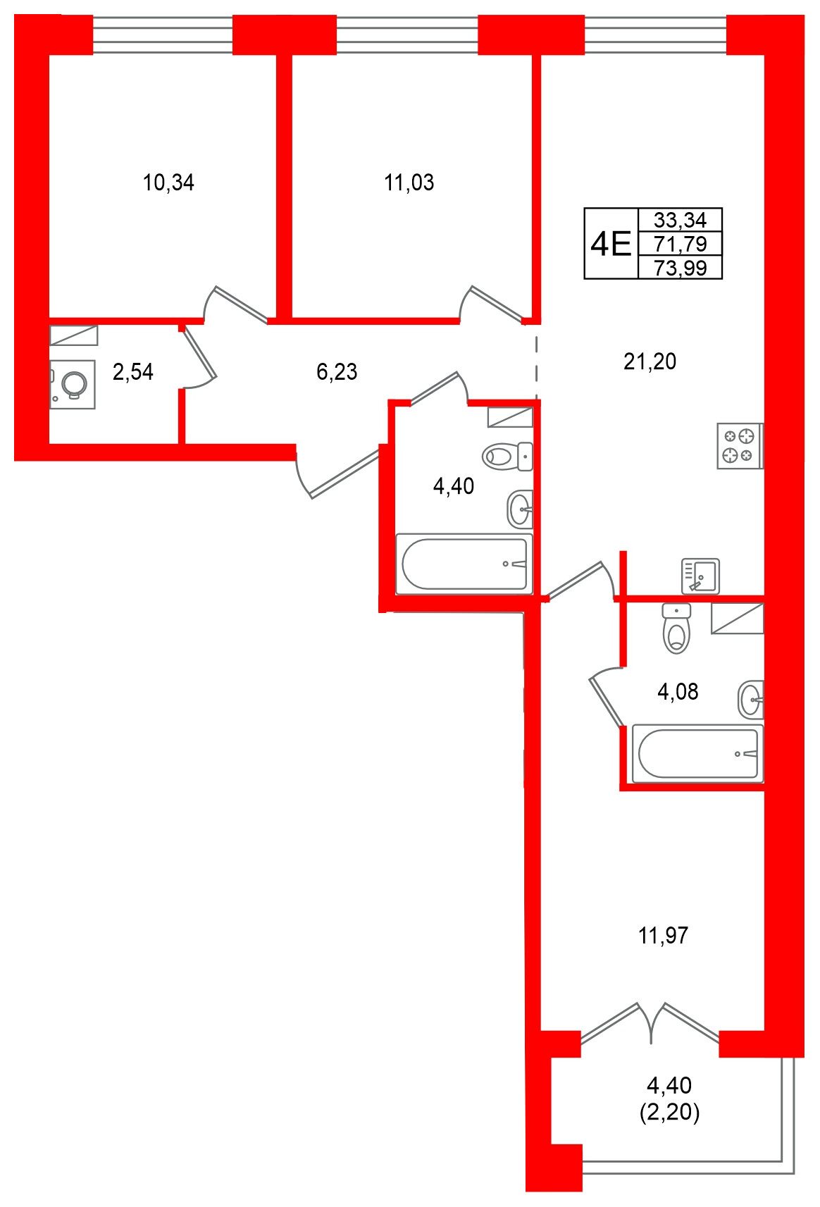 Квартира в ЖК Остров Первых, 3 комнатная, 73.99 м², 6 этаж