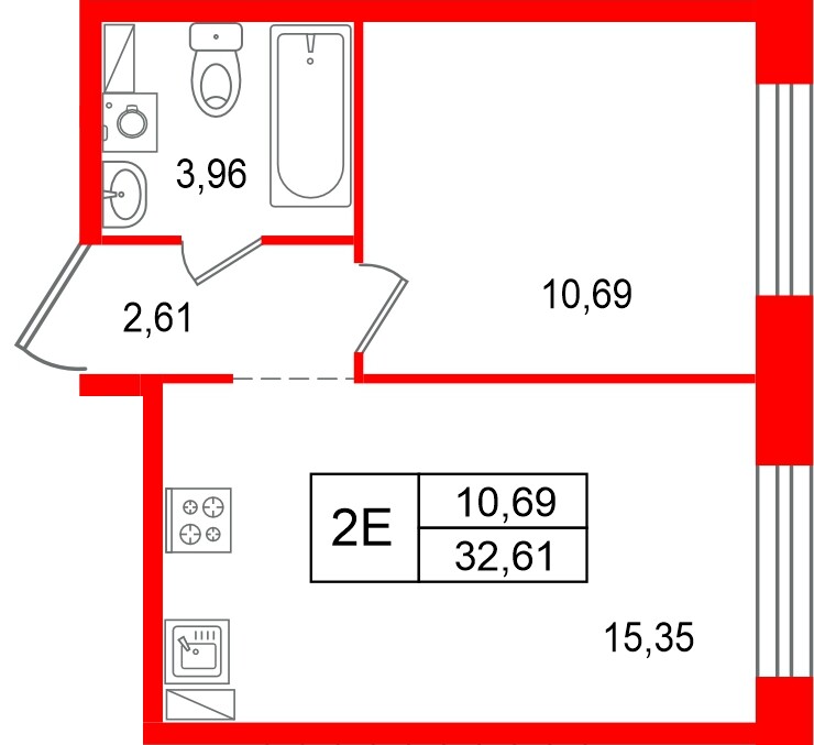 Квартира в ЖК «Остров Первых», 1 комнатная, 32.61 м², 4 этаж