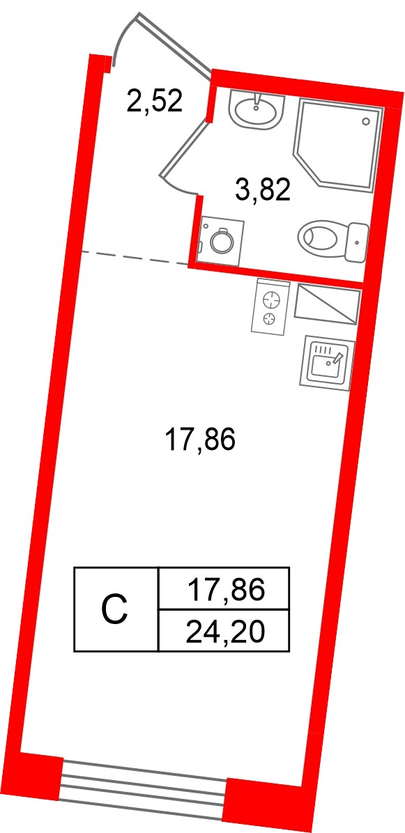 Квартира в ЖК Остров Первых, студия, 24.2 м², 3 этаж