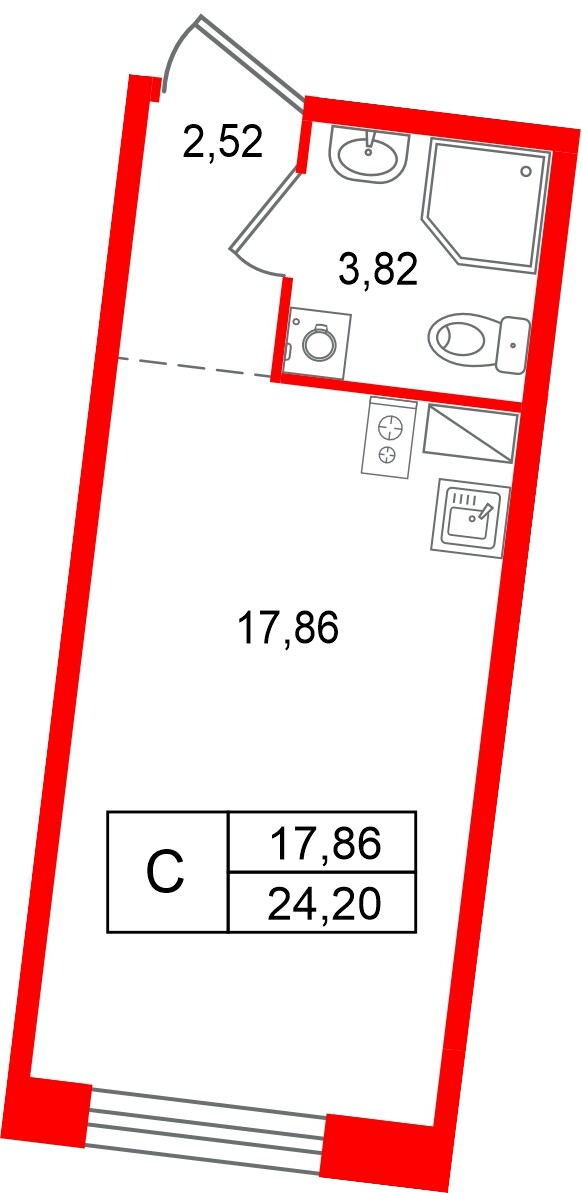 Квартира в ЖК Остров Первых, студия, 24.2 м², 7 этаж