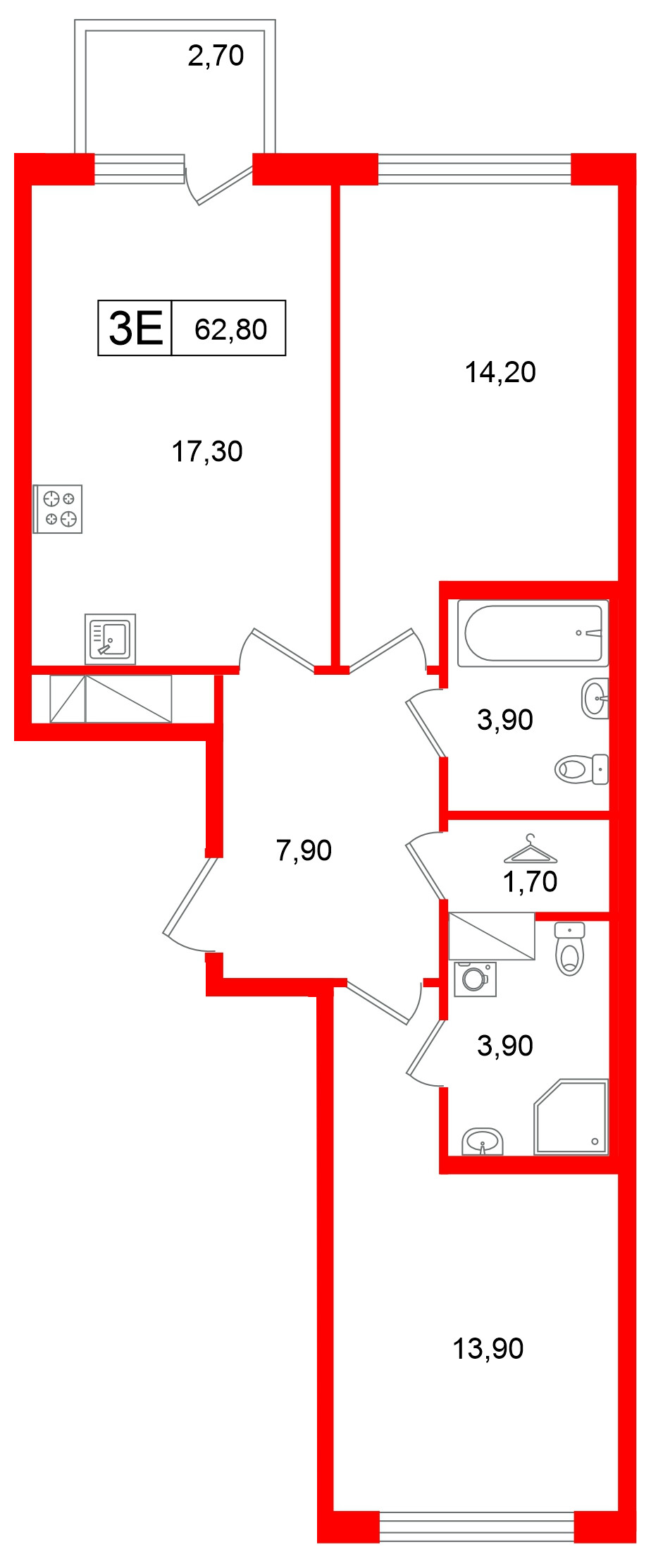 Квартира в ЖК Гений, 2 комнатная, 62.8 м², 13 этаж
