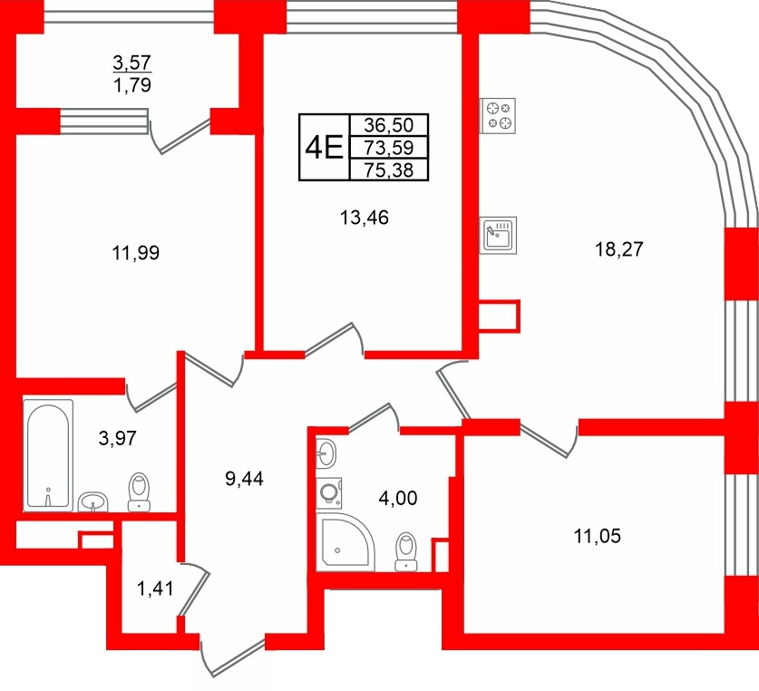 Квартира в ЖК Аурум, 3 комнатная, 75.38 м², 2 этаж