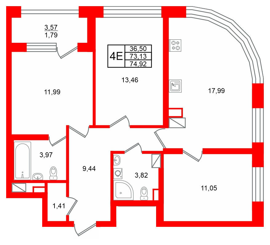 Квартира в ЖК Аурум, 3 комнатная, 74.92 м², 17 этаж
