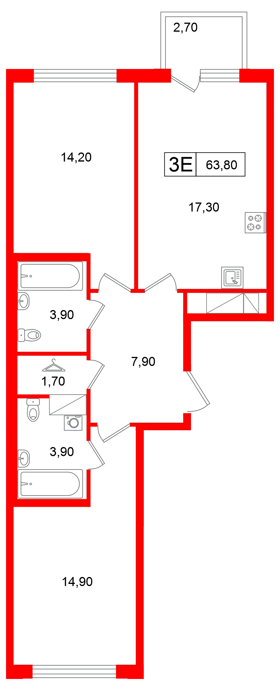 Квартира в ЖК Гений, 2 комнатная, 63.8 м², 6 этаж