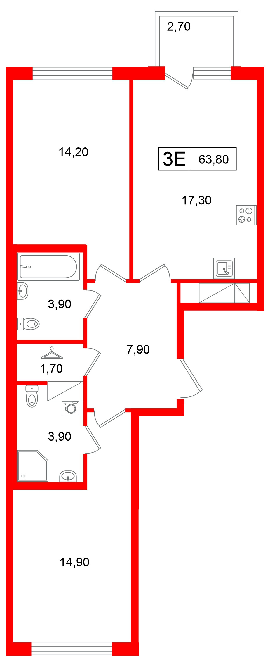Квартира в ЖК Гений, 2 комнатная, 63.8 м², 10 этаж