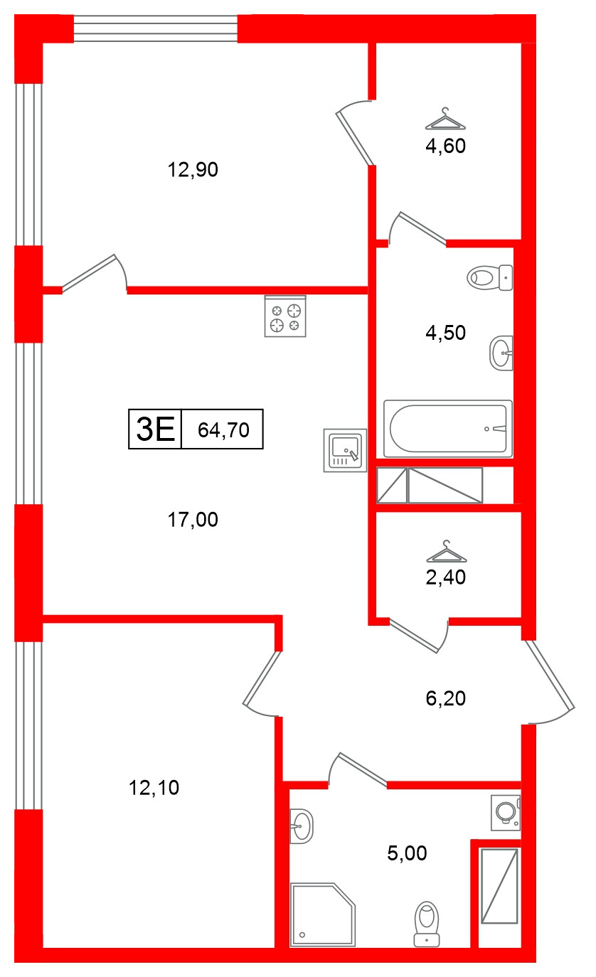 Квартира в ЖК Гений, 2 комнатная, 64.7 м², 2 этаж