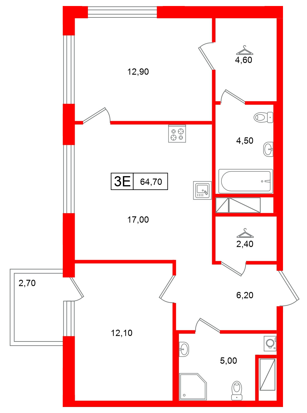 Квартира в ЖК Гений, 2 комнатная, 64.7 м², 5 этаж