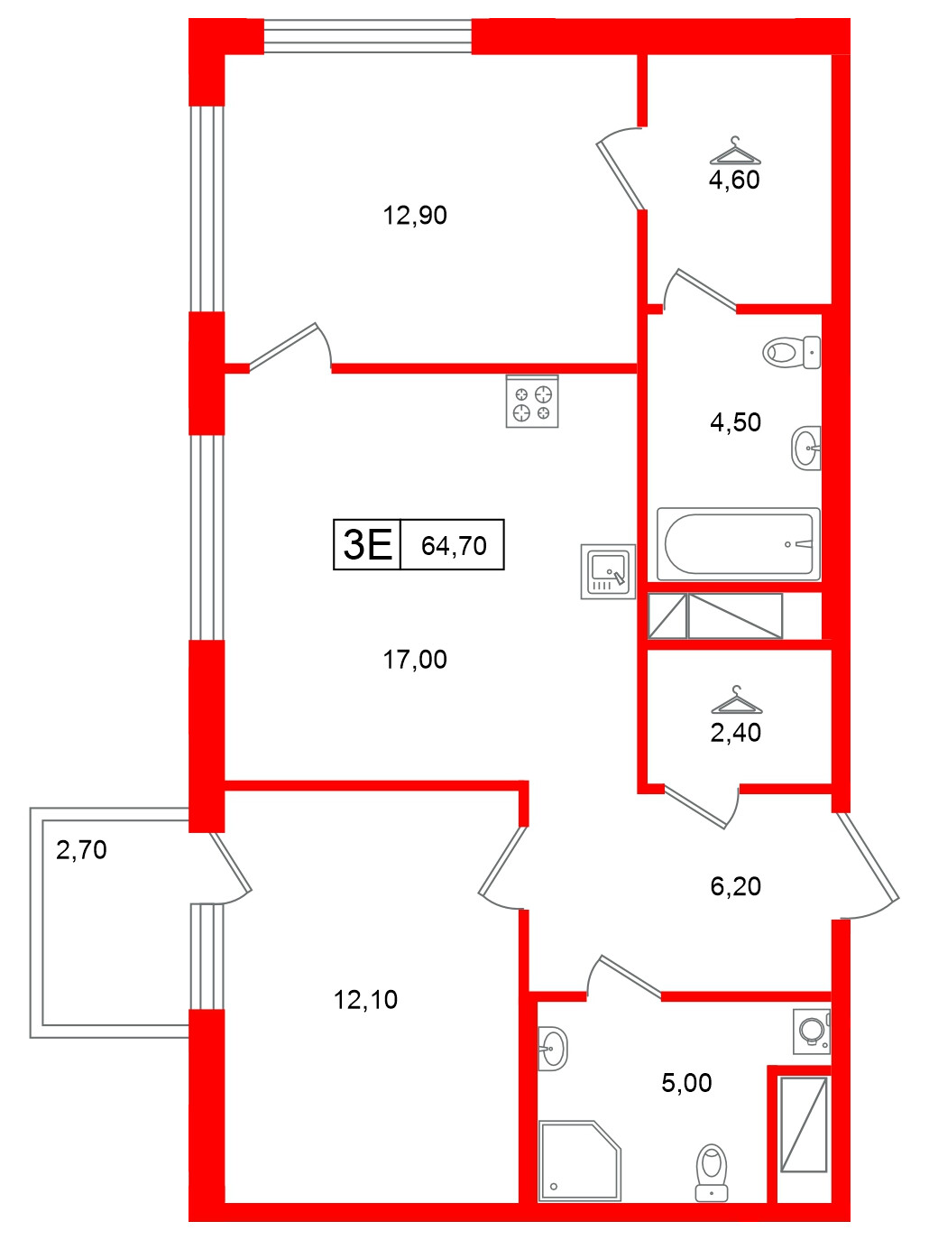 Квартира в ЖК Гений, 2 комнатная, 64.7 м², 6 этаж