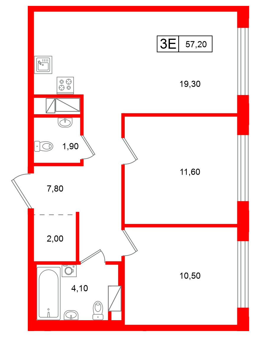 Квартира в ЖК Гений, 2 комнатная, 57.2 м², 7 этаж