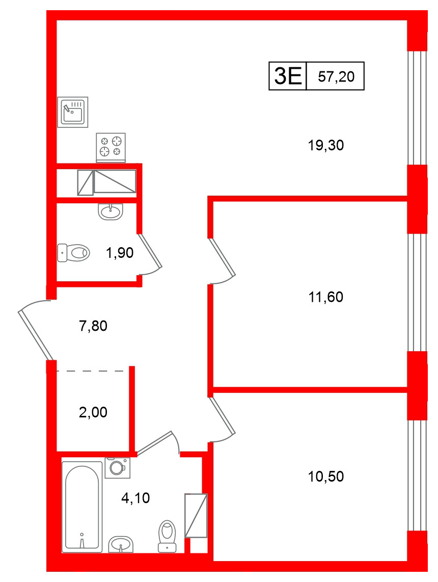 Квартира в ЖК Гений, 2 комнатная, 57.2 м², 11 этаж