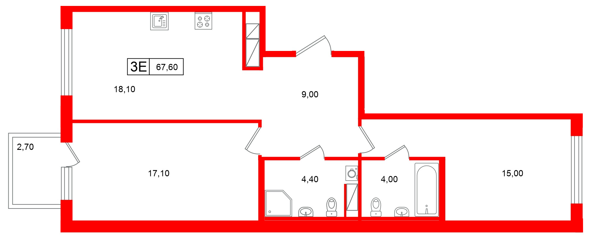 Квартира в ЖК Гений, 2 комнатная, 67.6 м², 6 этаж
