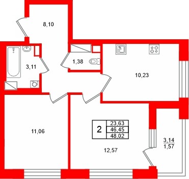 Квартира в ЖК Аурум, 2 комнатная, 48.02 м², 12 этаж