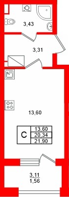 Планировка — Студия квартира, 21,9 м² в ЖК «Аурум»