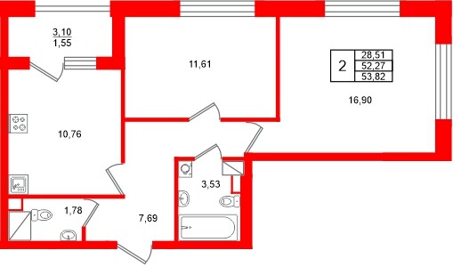 Квартира в ЖК Аурум, 2 комнатная, 53.82 м², 5 этаж