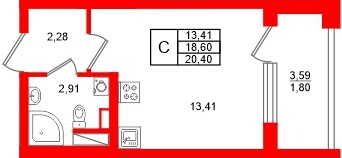 Планировка — Студия квартира, 20,4 м² в ЖК «Аурум»