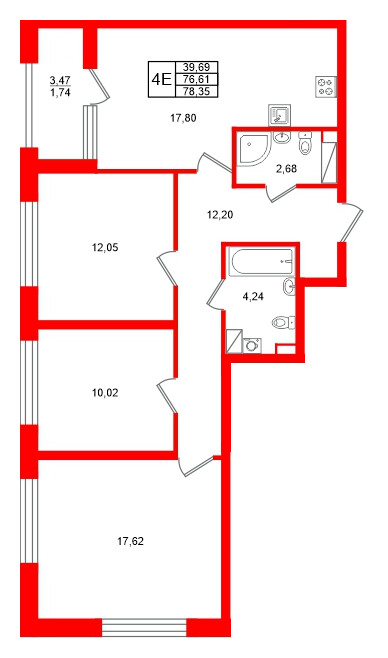Квартира в ЖК Аурум, 3 комнатная, 78.35 м², 2 этаж