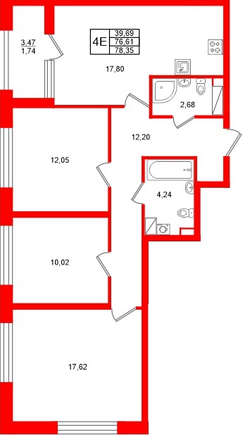 Квартира в ЖК Аурум, 3 комнатная, 78.35 м², 3 этаж