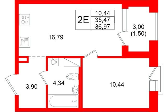 Квартира в ЖК «Оро от Аквилон», 1 комнатная, 36.97 м², 3 этаж