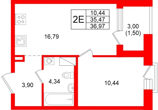 Квартира в ЖК «Оро от Аквилон», 1 комнатная, 36.97 м², 15 этаж