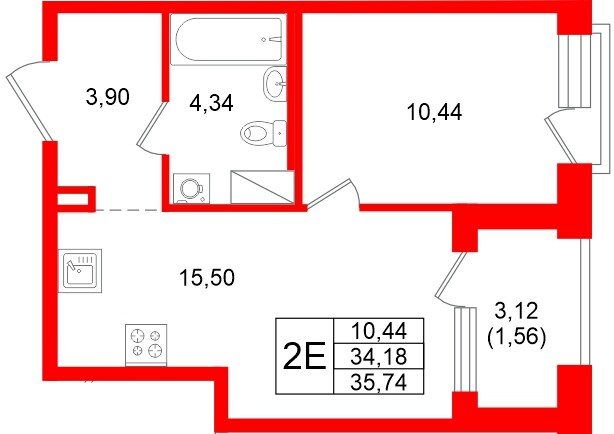 Квартира в ЖК «Оро от Аквилон», 1 комнатная, 35.74 м², 12 этаж