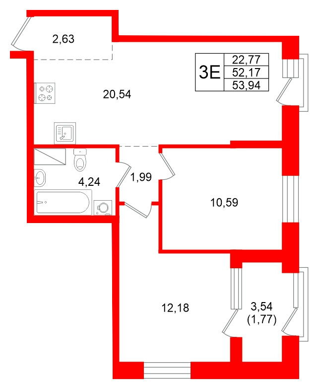 Квартира в ЖК ORO by Akvilon, 2 комнатная, 53.94 м², 12 этаж