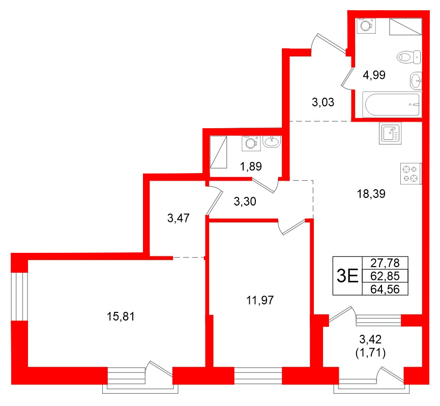 Квартира в ЖК ORO by Akvilon, 2 комнатная, 64.56 м², 4 этаж