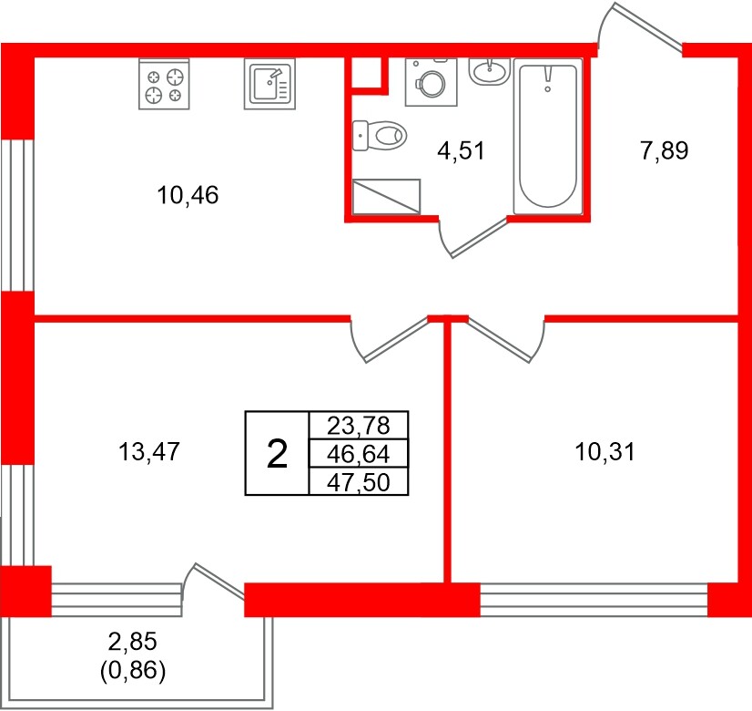 Квартира в ЖК «Плюс Пулковский», 2 комнатная, 47.5 м², 4 этаж