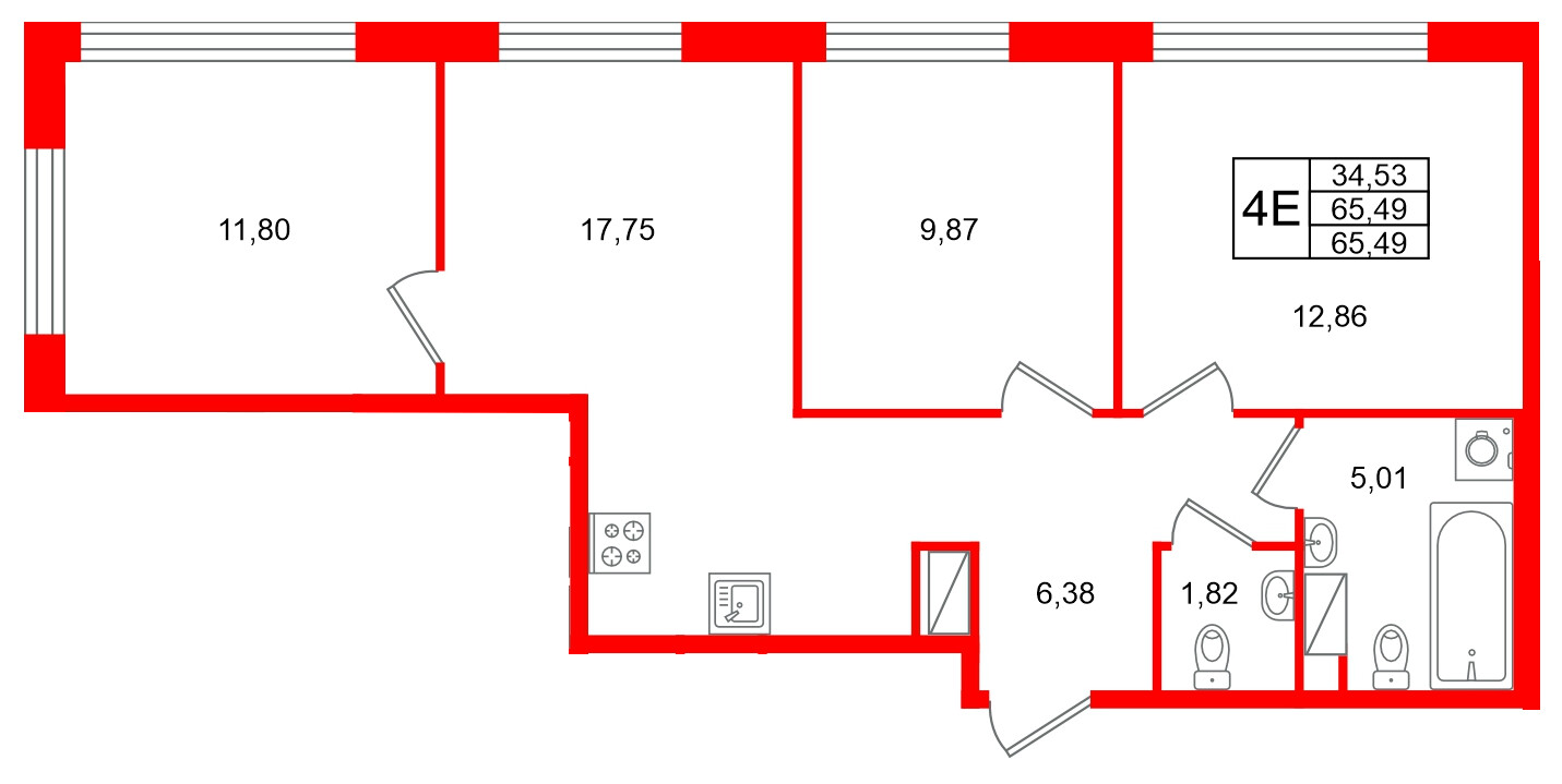 Квартира в ЖК Plus Пулковский, 3 комнатная, 65.49 м², 2 этаж