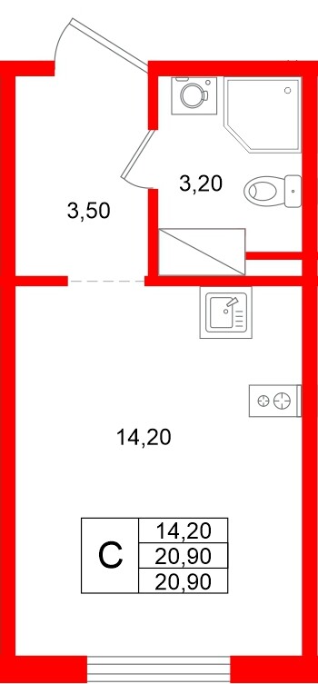 Квартира в ЖК «Ручьи–2», студия, 20.9 м², 12 этаж