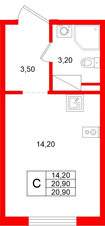 Квартира в ЖК «Ручьи–2», студия, 20.9 м², 13 этаж
