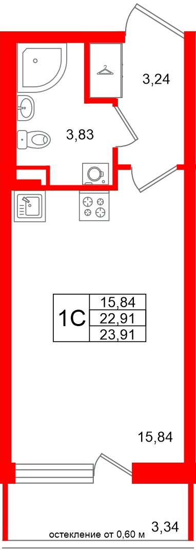 Квартира в ЖК «Универ Сити», студия, 22.91 м², 1 этаж