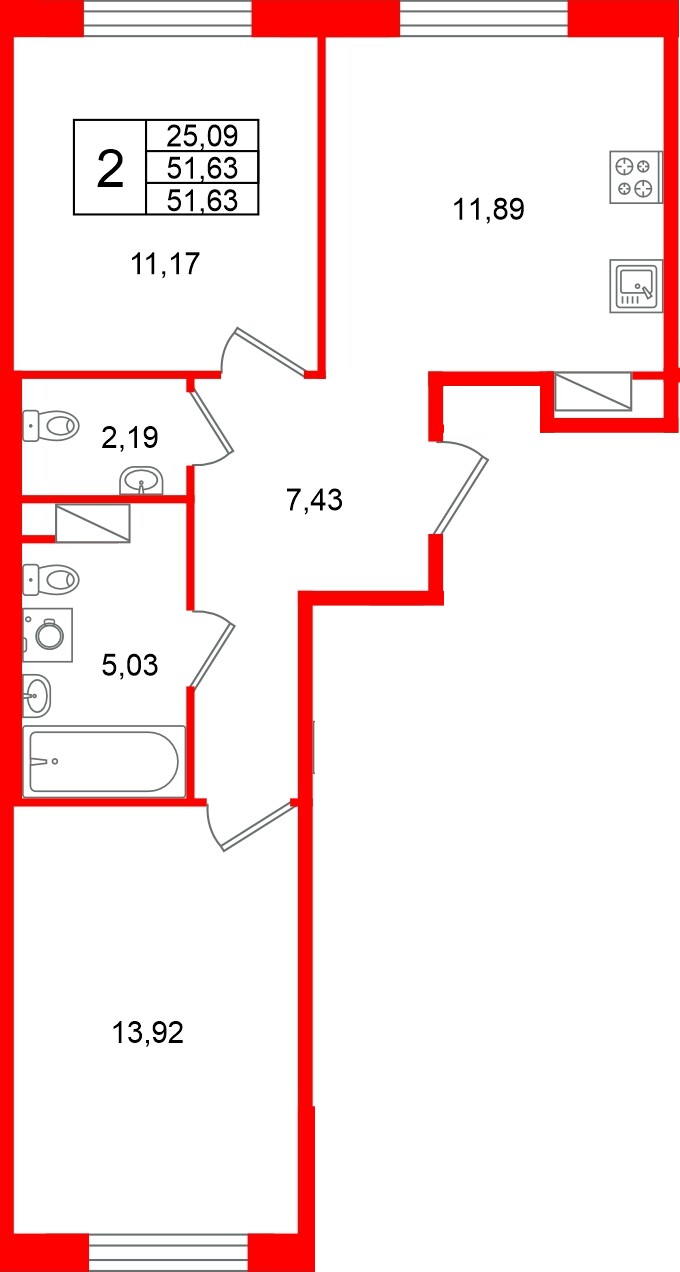 Квартира в ЖК «Плюс Пулковский», 2 комнатная, 51.63 м², 3 этаж