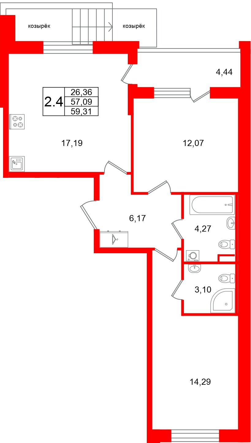 Квартира в ЖК Универ Сити, 2 комнатная, 57.09 м², 1 этаж