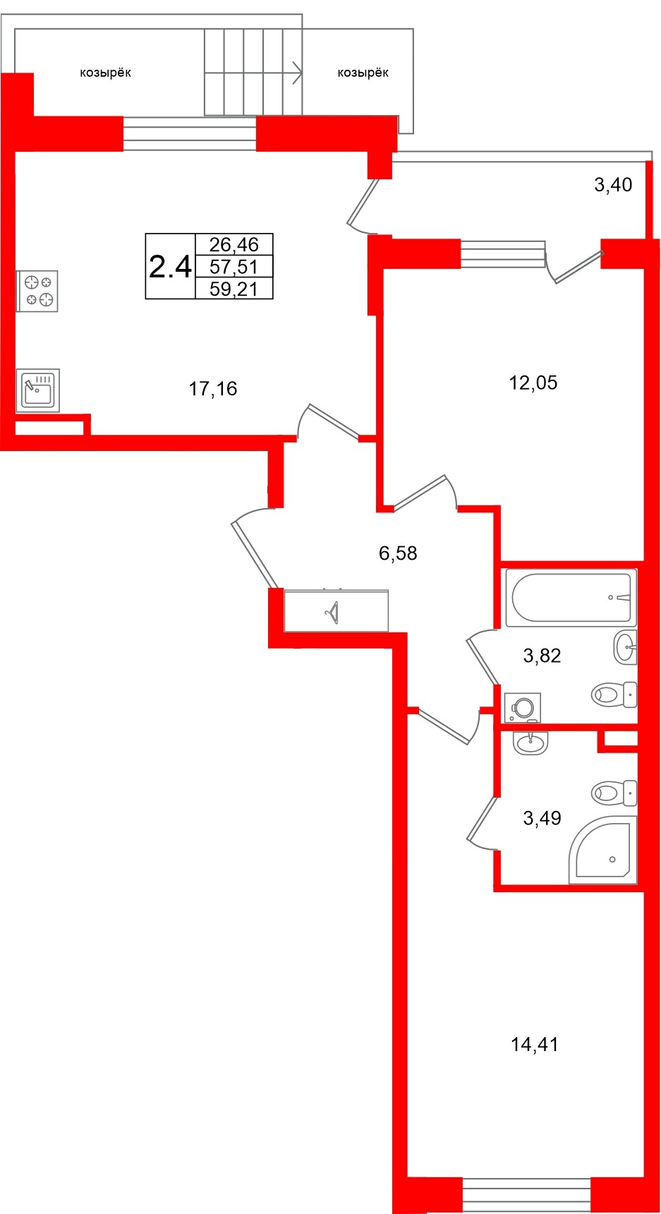 Квартира в ЖК Универ Сити, 2 комнатная, 57.51 м², 1 этаж
