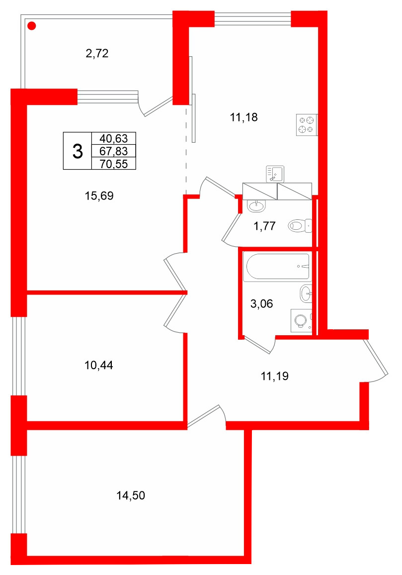 Квартира в ЖК «Финский Квартал», 3 комнатная, 70.55 м², 3 этаж