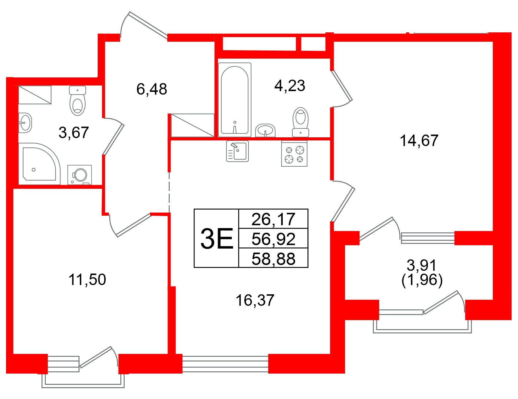 Квартира в ЖК ORO by Akvilon, 2 комнатная, 58.88 м², 11 этаж