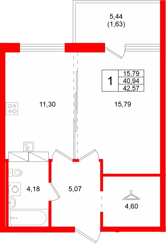 Квартира в ЖК «Финский Квартал», 1 комнатная, 42.57 м², 5 этаж